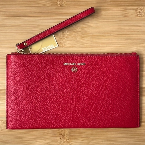 Brand New Michael Kors Genuine Leather Red Flame Large Zippered Clutch Wristlet - Picture 1 of 12